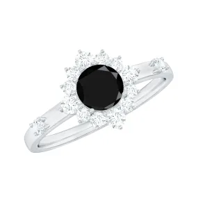 1 CT Round Black Onyx and Diamond Halo Engagement Ring