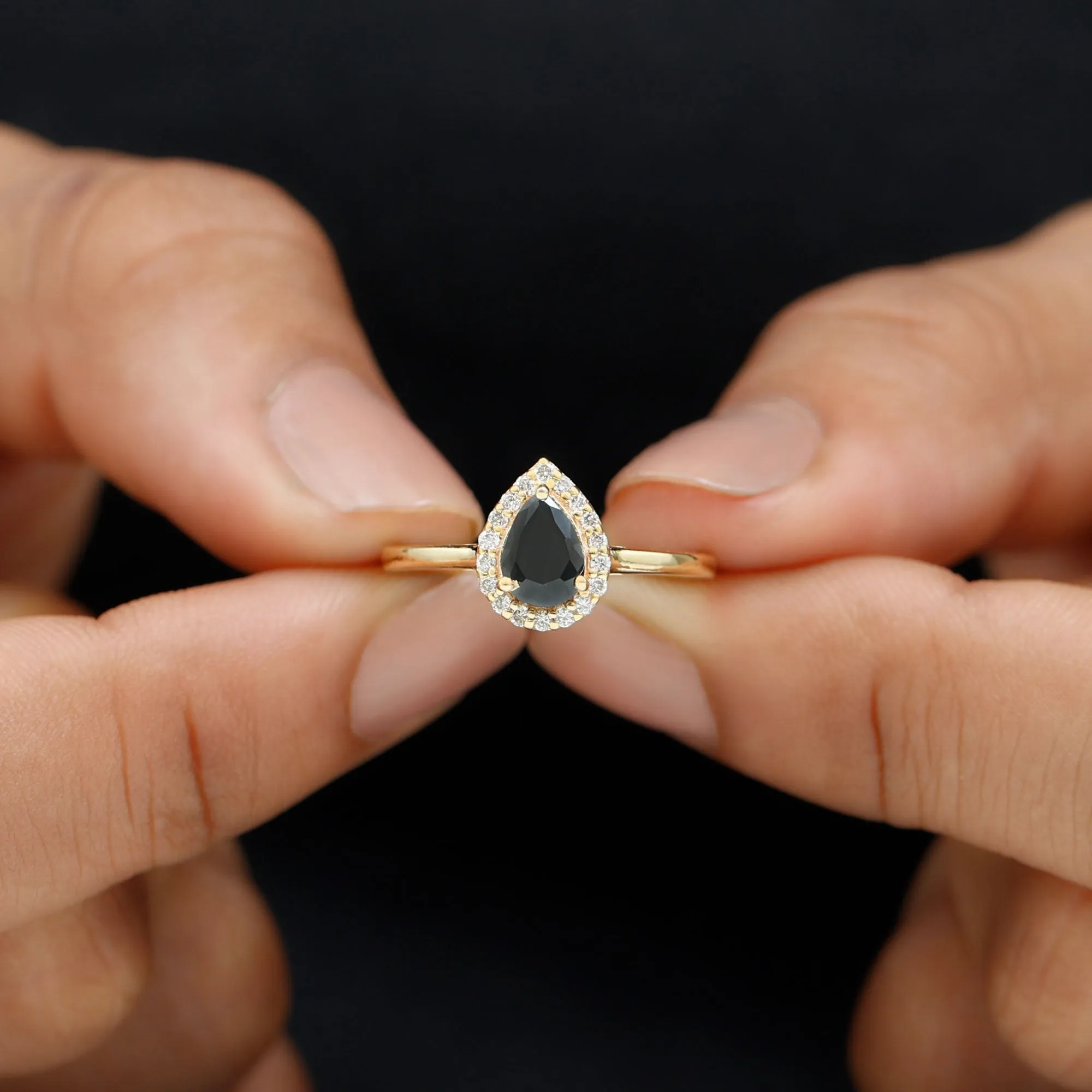 1 CT Teardrop Black Diamond Ring with Diamond Accent