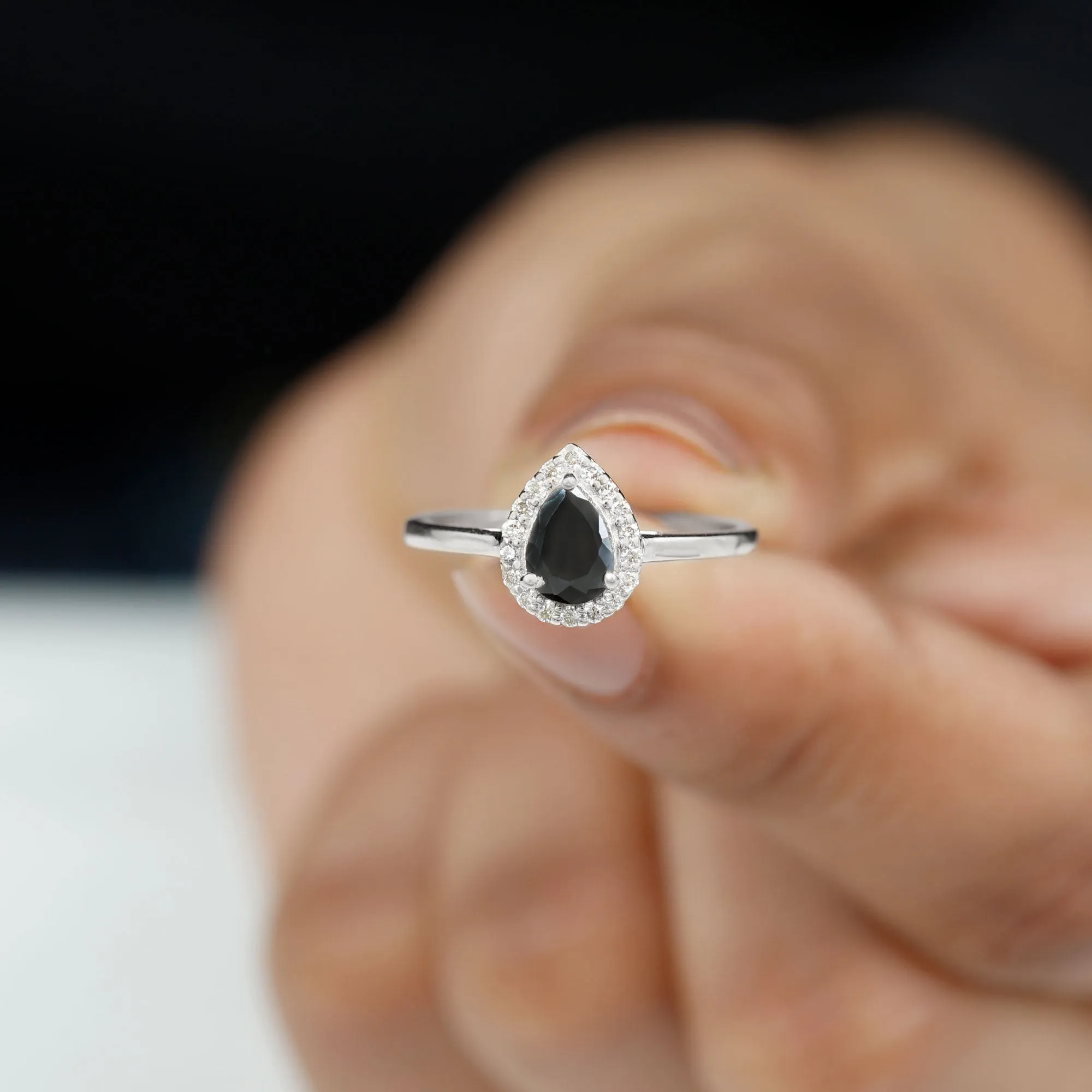 1 CT Teardrop Black Diamond Ring with Diamond Accent