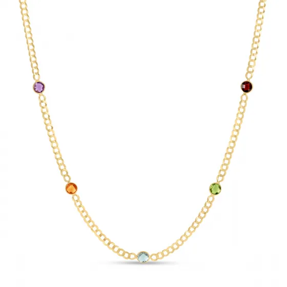 14k Gold  Multi Gemstone Curb Chain 17" Necklace