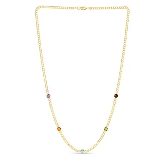 14k Gold  Multi Gemstone Curb Chain 17" Necklace