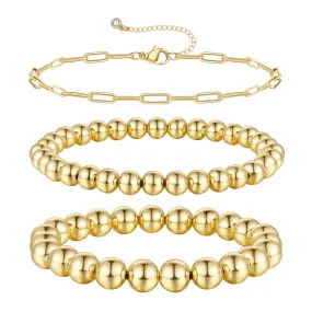 14K Gold Plated Stretchable Elastic Beaded Ball Bracelets with Paperclip Link