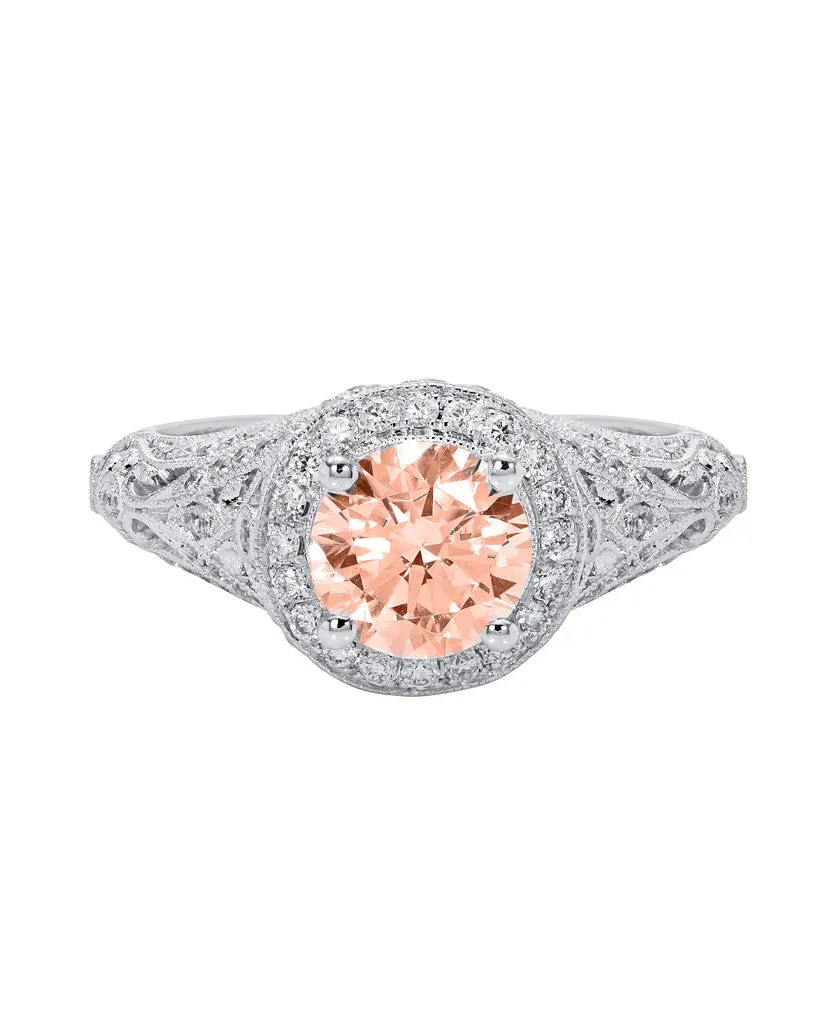 14k White Gold Round Morganite and Diamond Halo Vintage Style Engagement Ring