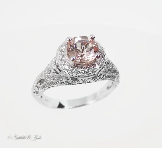 14k White Gold Round Morganite and Diamond Halo Vintage Style Engagement Ring