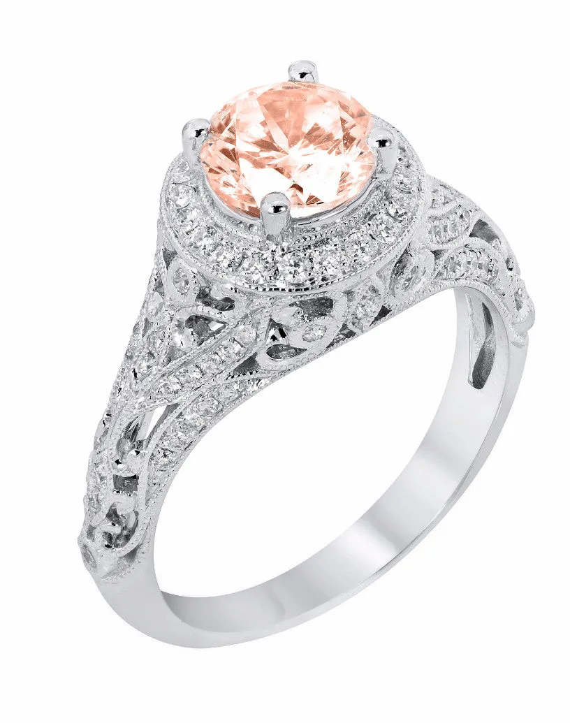 14k White Gold Round Morganite and Diamond Halo Vintage Style Engagement Ring