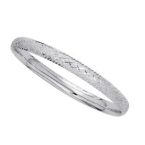 14k White Gold Sparkle And Diamond Shape Pattern Bangle Bracelet, 7"