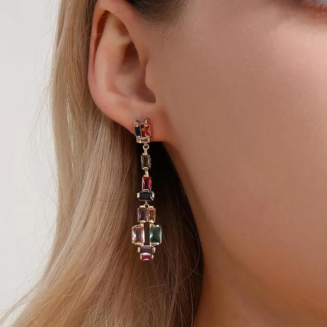 18k Gold Chandelier Multi Emerald Cut Drop Earrings