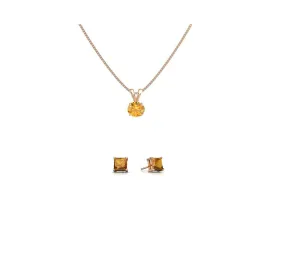 18K Rose Gold 1ct Citrine Round 18 Inch Necklace and Square Earrings Set Plated