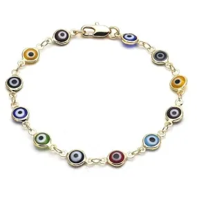 18K Womens Gold Filled High Polish Finsh Multi Color Evil Eye Bracelet Clasp 10 Inch