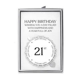 21st Birthday Heart Charm Stretch Bracelet with Quote Gift Box