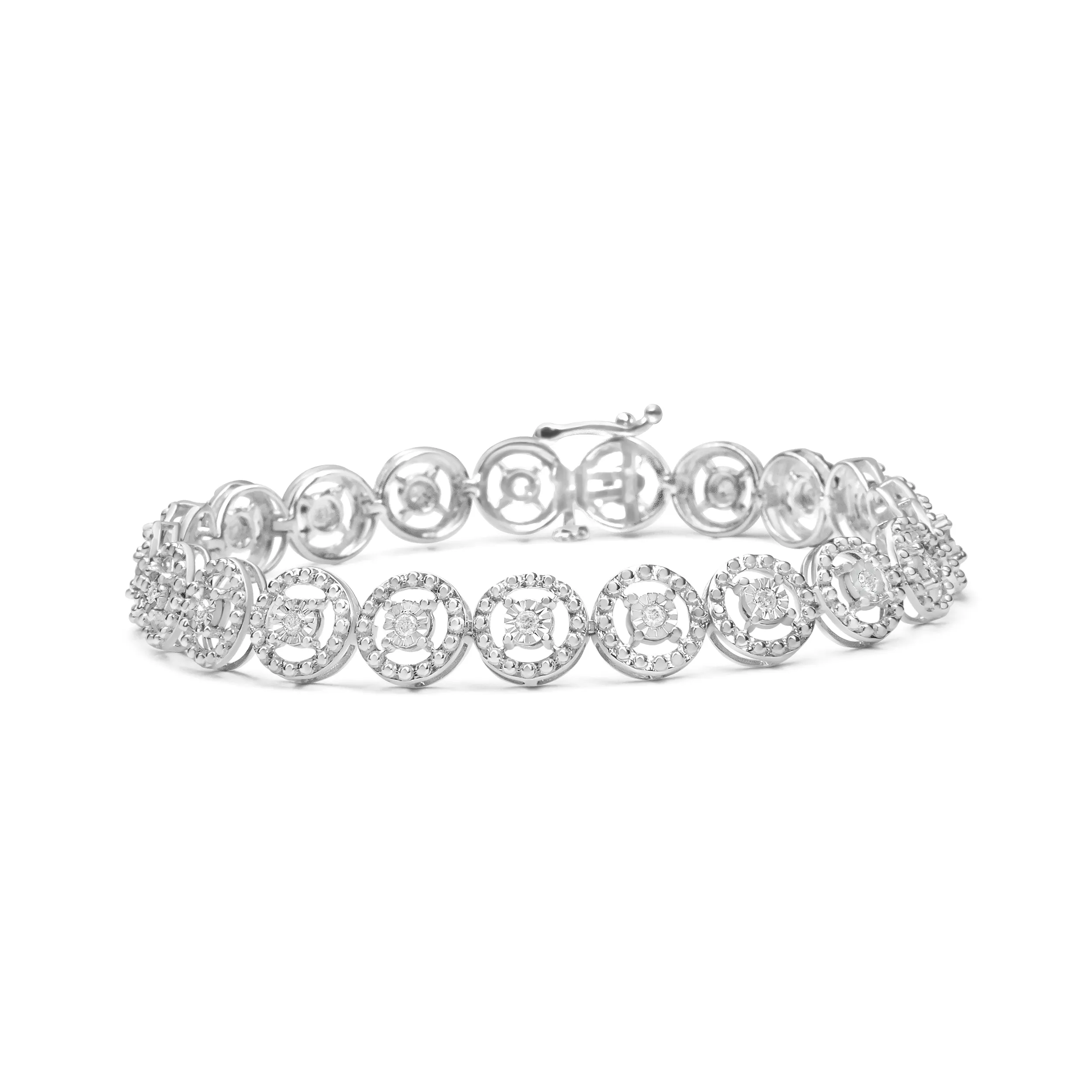 .925 Sterling Silver 1/2 Cttw Diamond Nested Circle Miracle Set Open Wheel 7.25" Fashion Link Bracelet