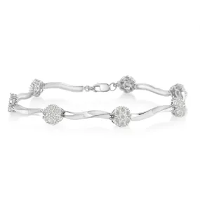 .925 Sterling Silver 1/4 Cttw Diamond Cluster Miracle-Set Station & Twisted Bar 7" Tennis Bracelet (H-I Color, I2-I3 Clarity)