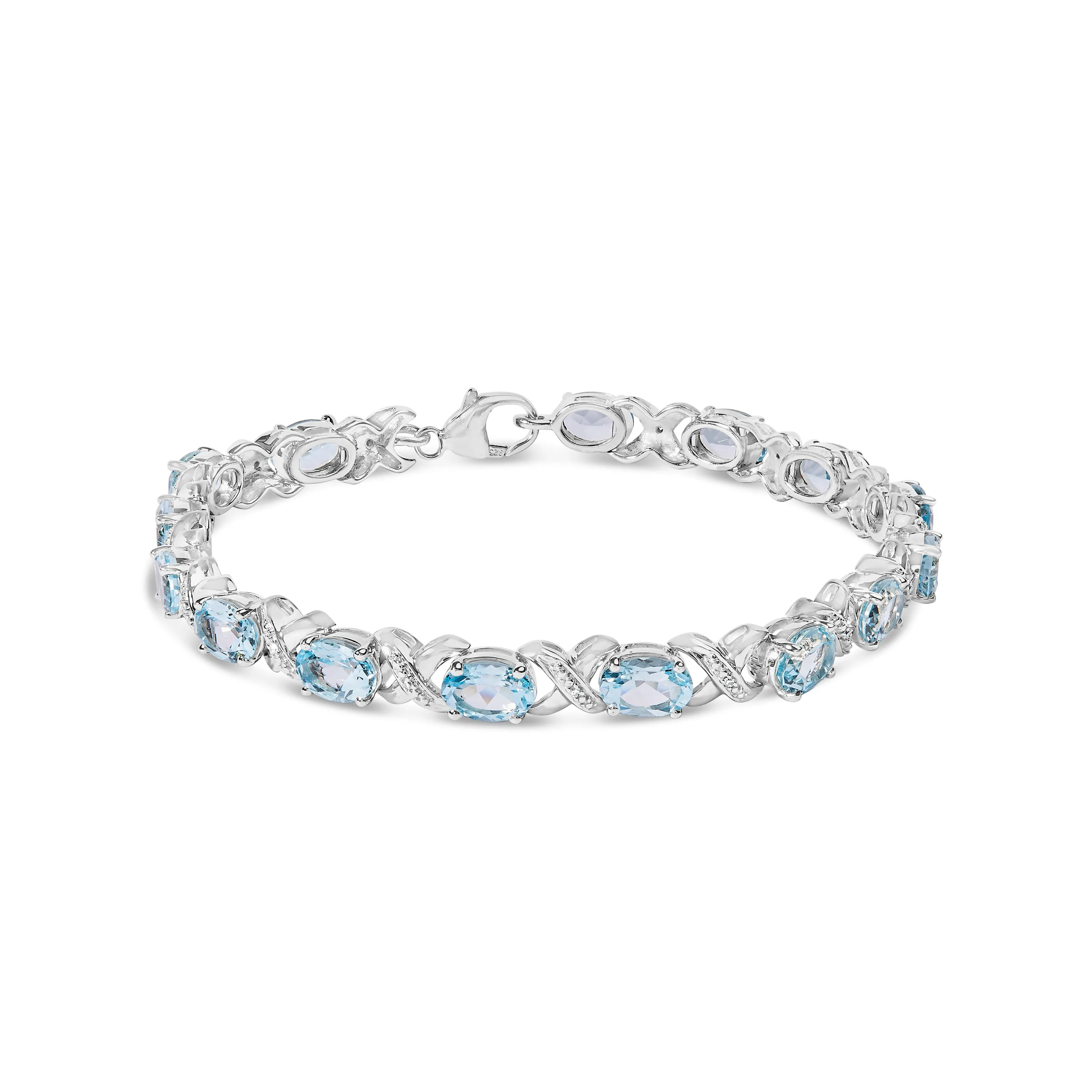 .925 Sterling Silver 16.0 Cttw Oval Blue Topaz and Diamond Accent Tennis X Link Bracelet