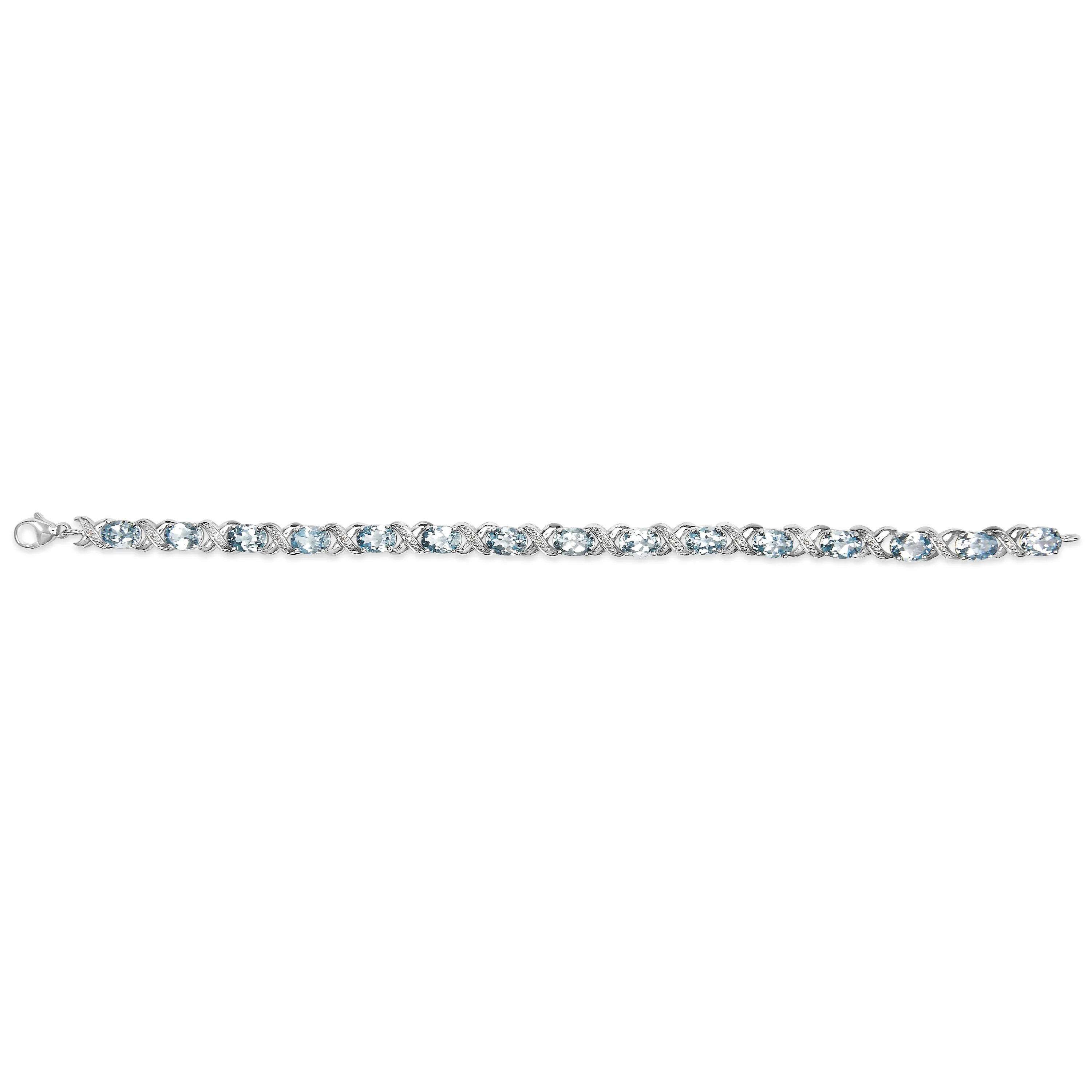 .925 Sterling Silver 16.0 Cttw Oval Blue Topaz and Diamond Accent Tennis X Link Bracelet