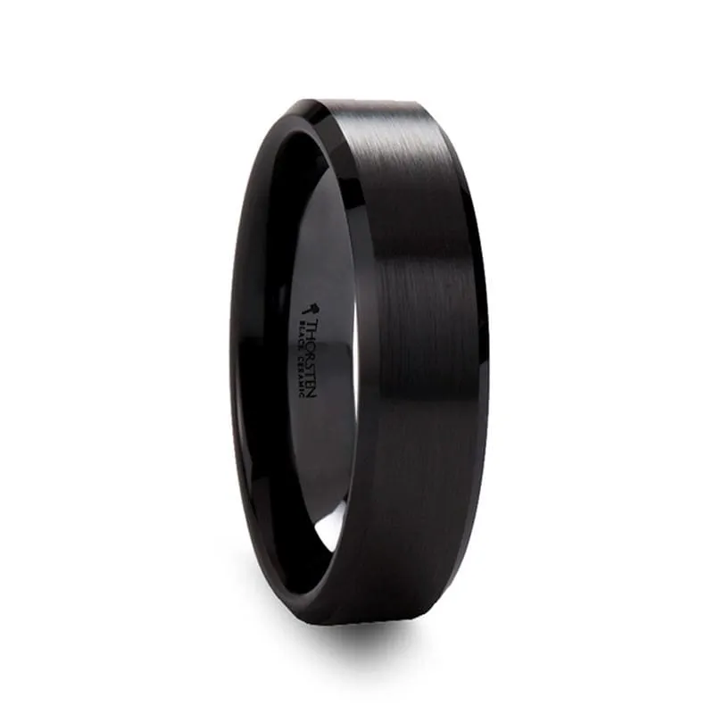 ABIA Beveled Brushed Black Ceramic Wedding Band For Men & Women 6mm & 8mm