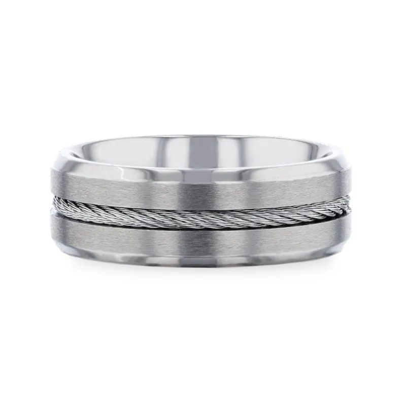 ALBERT | Silver Titanium Ring, Steel Cable Inlay, Beveled