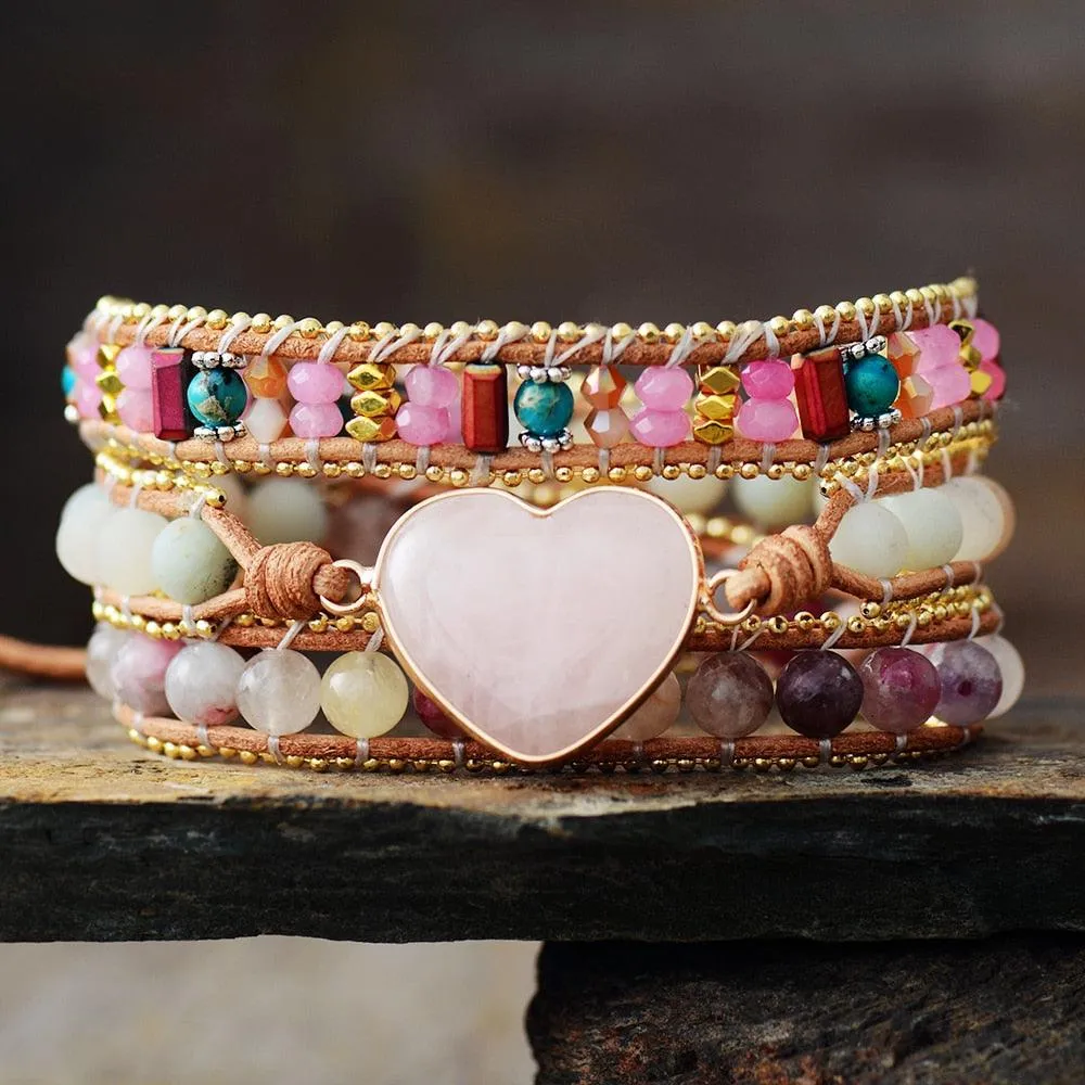 Amazonite, Quartz & Rose Quartz Heart Charm Wrap Bracelet