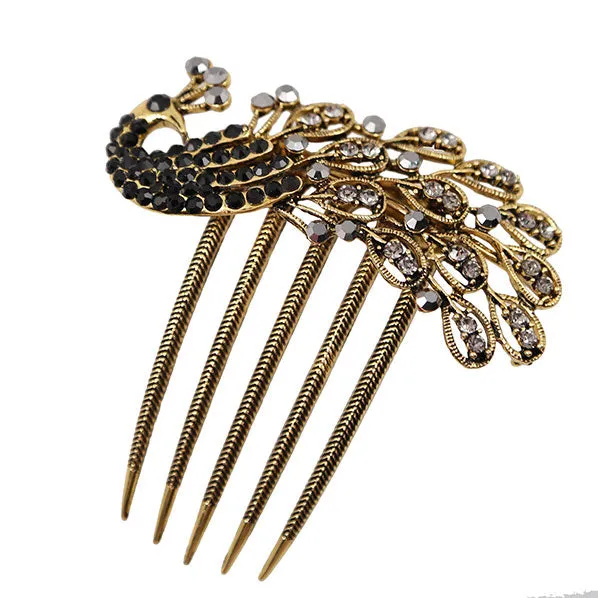 Antique Brass Rhinestone Peacock French Twist Updo Comb