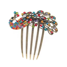 Antique Brass Rhinestone Peacock French Twist Updo Comb