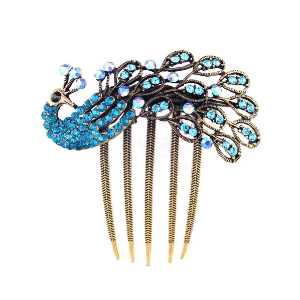 Antique Brass Rhinestone Peacock French Twist Updo Comb