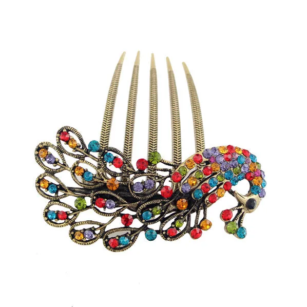 Antique Brass Rhinestone Peacock French Twist Updo Comb