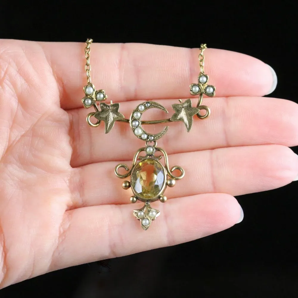 Antique Victorian Citrine Pearl Necklace Gold Cased Circa 1900