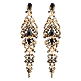 Art Deco Black Crystal Rhinestone Cluster Chandelier Long Dangle Statement Earring, Party Prom