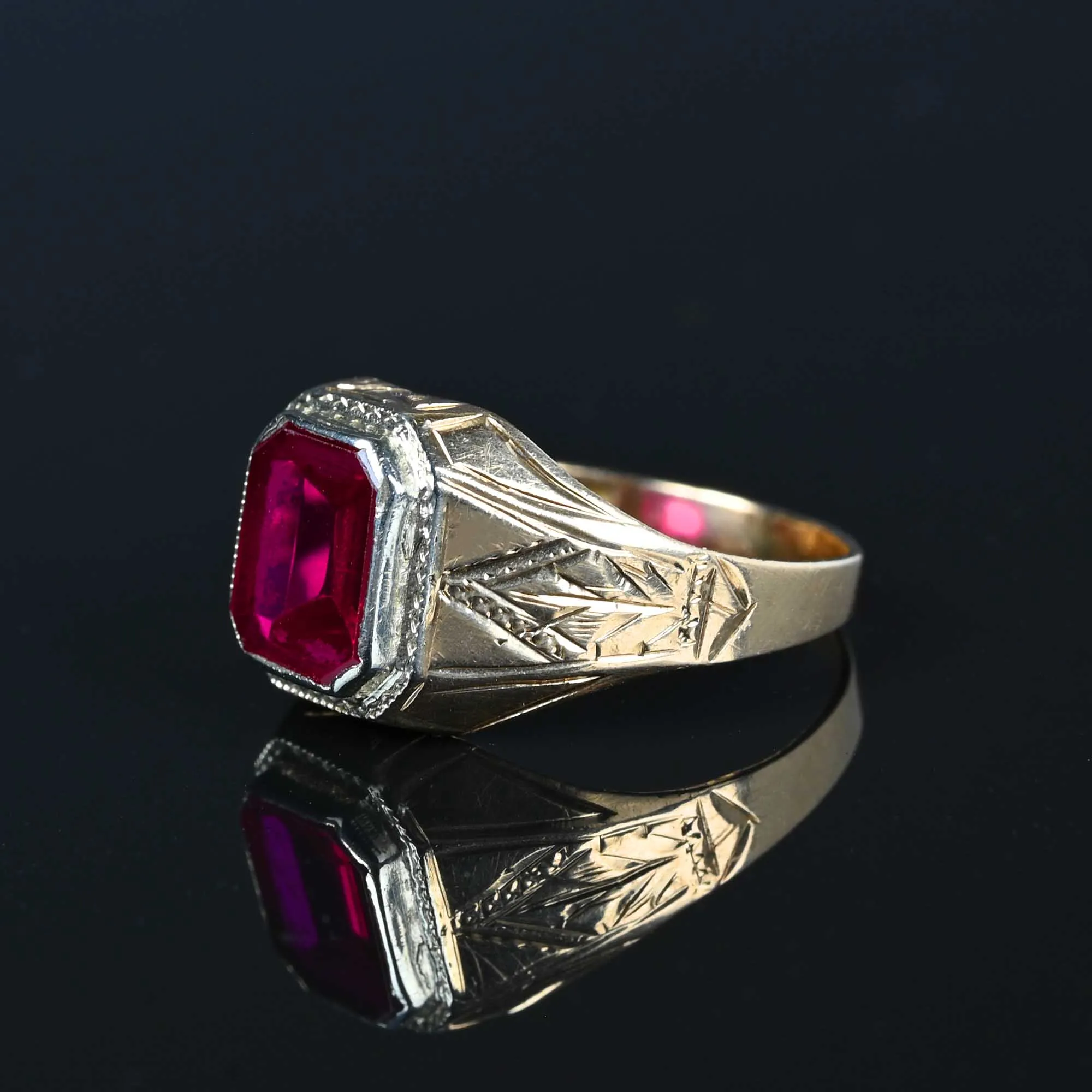 Art Deco Engraved Gold Ruby Signet Ring