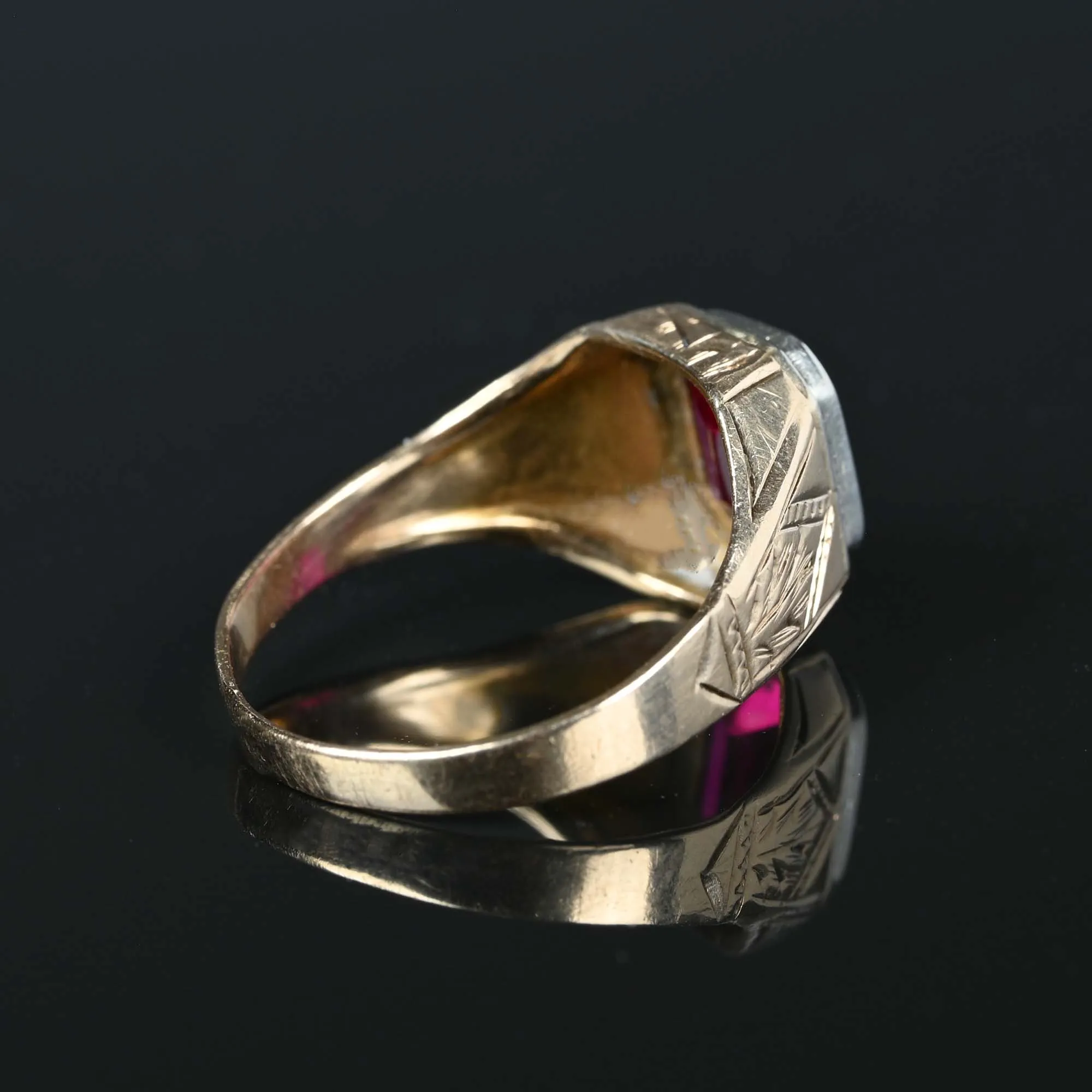 Art Deco Engraved Gold Ruby Signet Ring