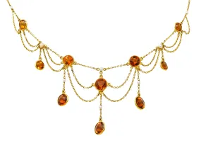 Art Nouveau Citrine Pearl 14 Karat Gold Swag Station Necklace