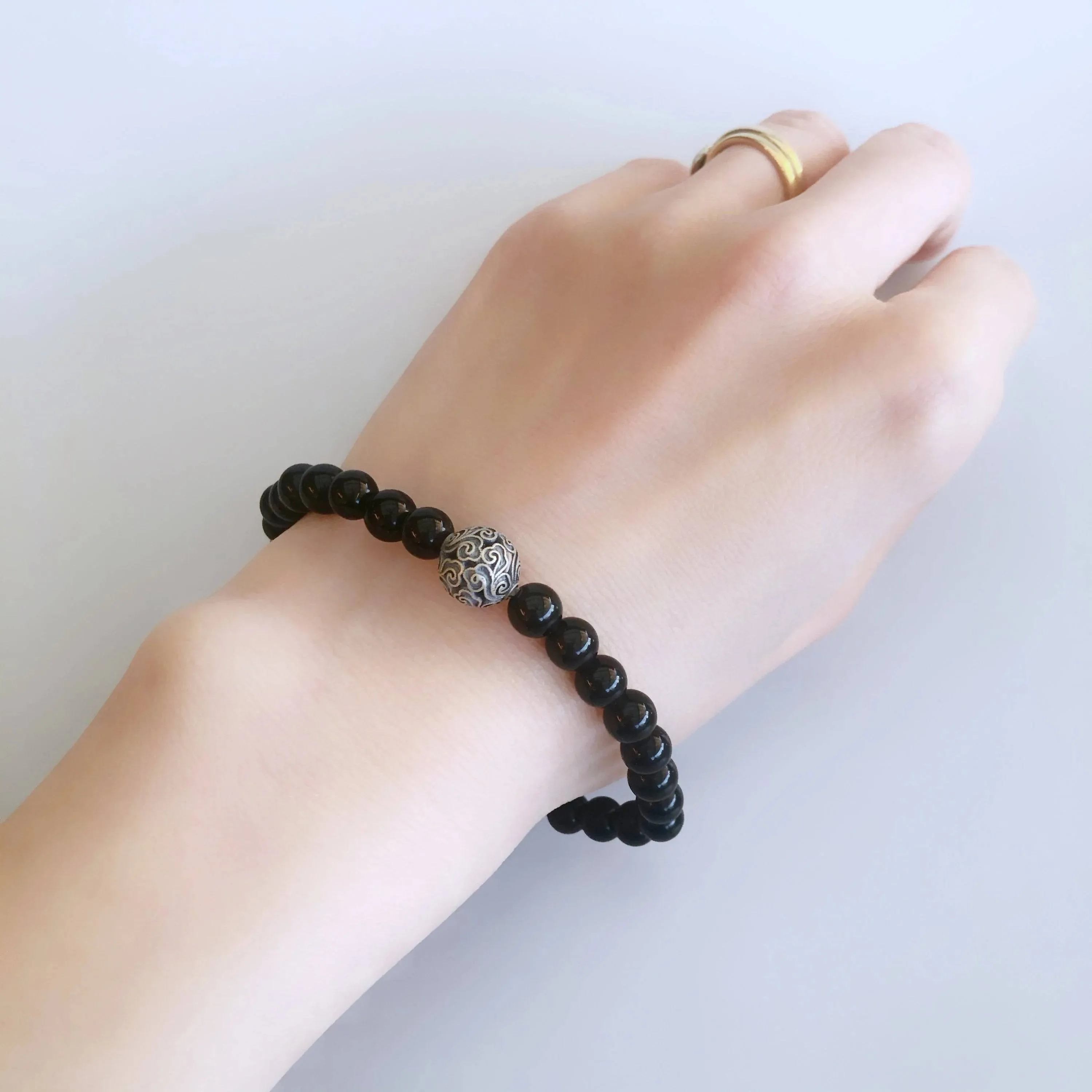 Auspicious Beaded Obsidian Bracelet 6mm Silver