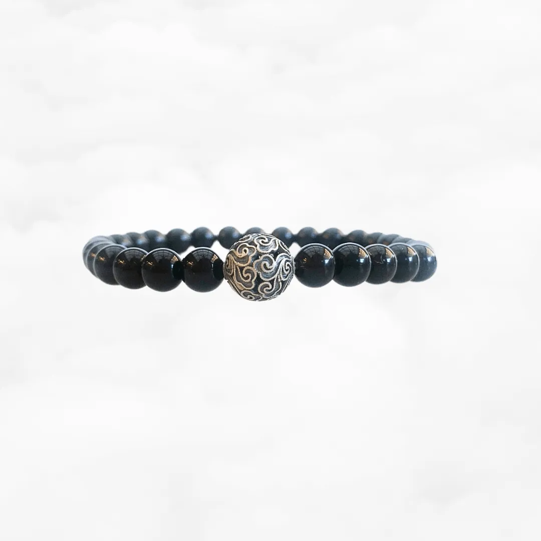 Auspicious Beaded Obsidian Bracelet 6mm Silver