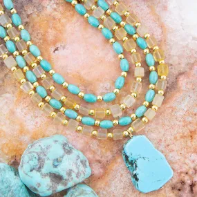 Barse Blue Turquoise and Yellow Citrine Multi-Layer Golden Necklace