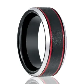 Black Ice Finish Tungsten Wedding Band with 2 Red Stripes on 2 sides Beveled Edge - 8mm