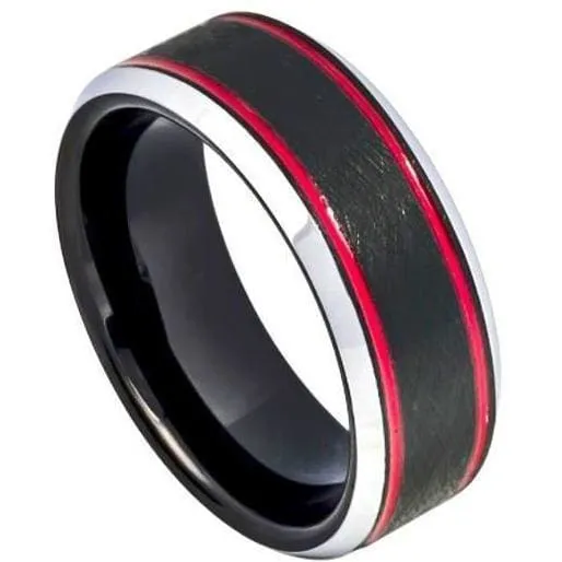 Black Ice Finish Tungsten Wedding Band with 2 Red Stripes on 2 sides Beveled Edge - 8mm