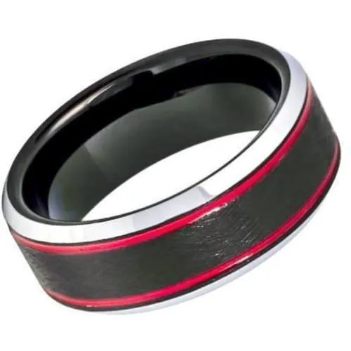 Black Ice Finish Tungsten Wedding Band with 2 Red Stripes on 2 sides Beveled Edge - 8mm