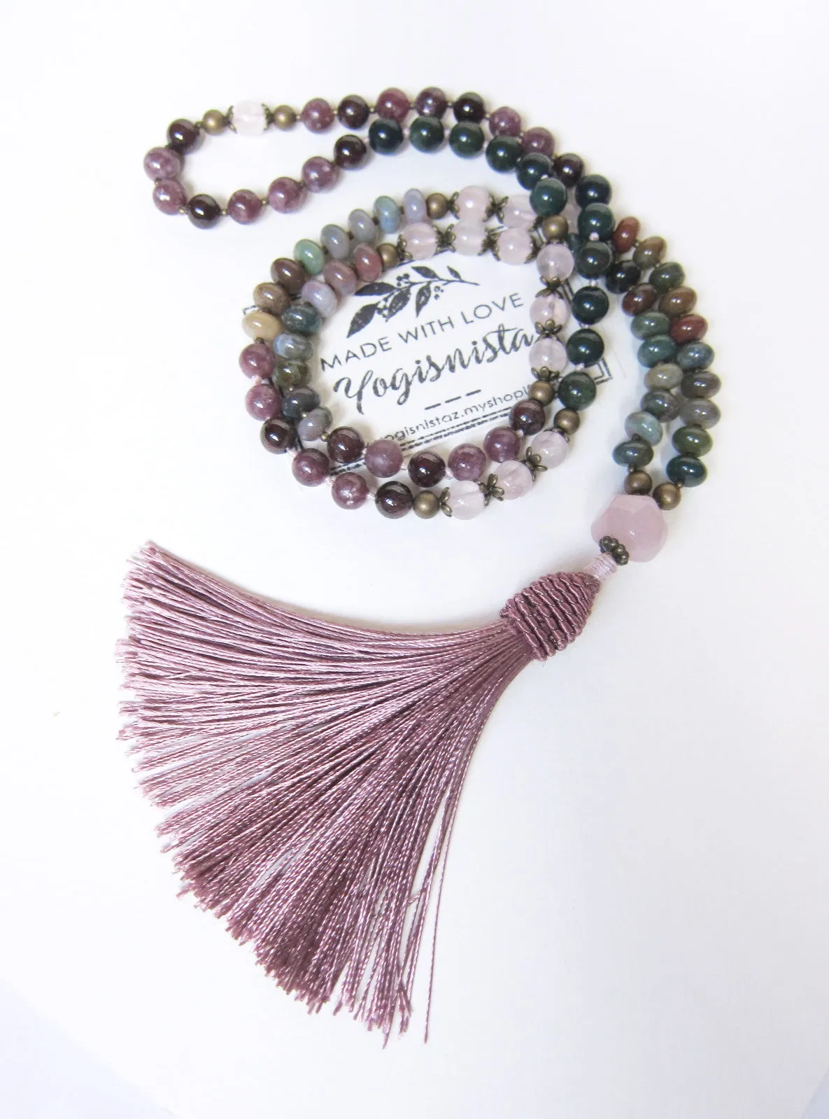 Bohemian Plum Lepidolite, Garnet, Bloodstone Tassel Beaded Necklace