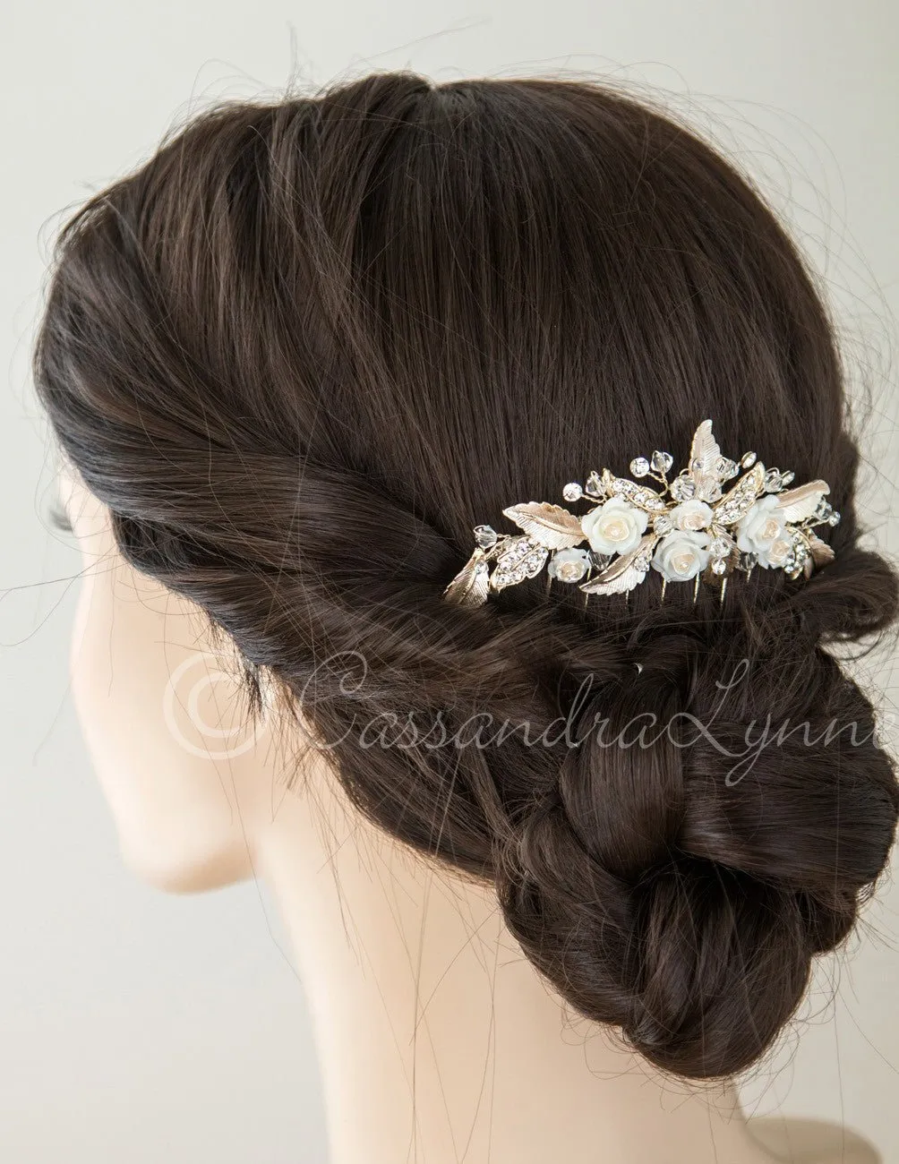 Bridal Veil Comb of Porcelain Flowers and Light Gold Leaves