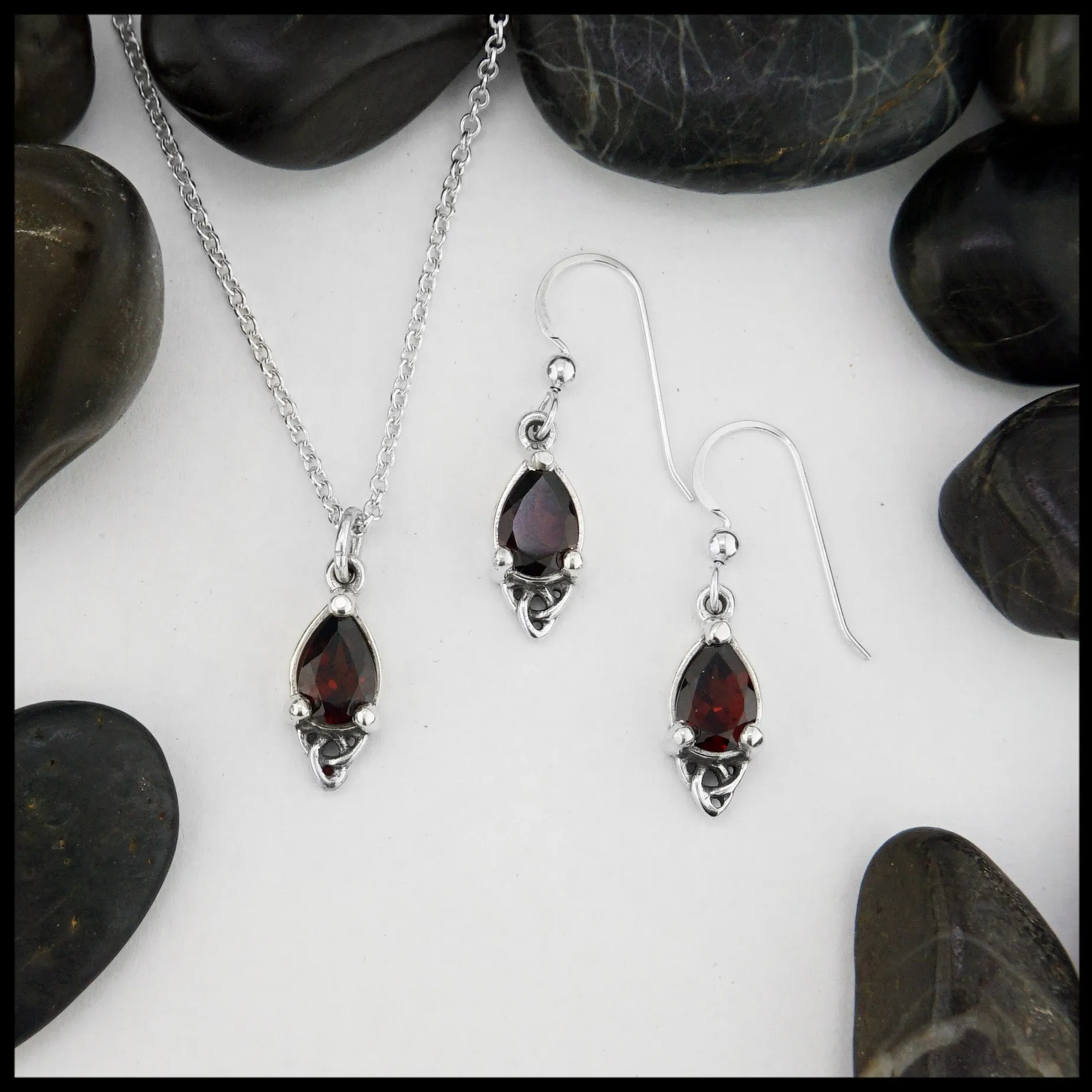 Celtic Goddess Pendant and Earring Set with Garnet