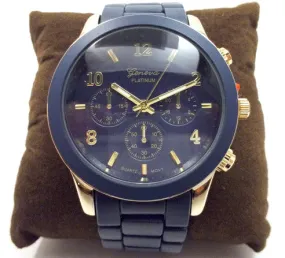 Ceramic Oversized Geneva Platinum Watch- Navy