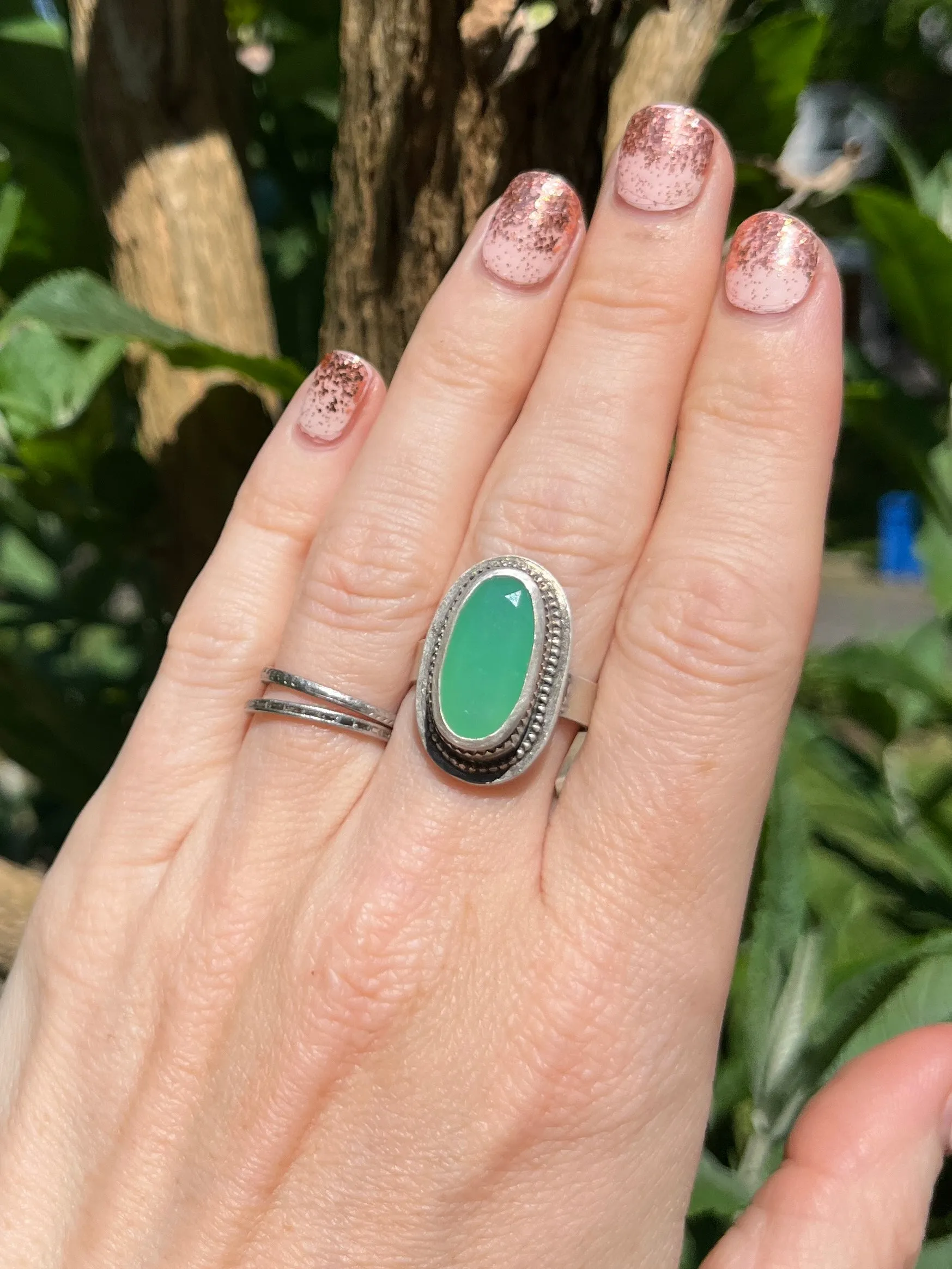 Chrysoprase Oval Ring with Beaded Border