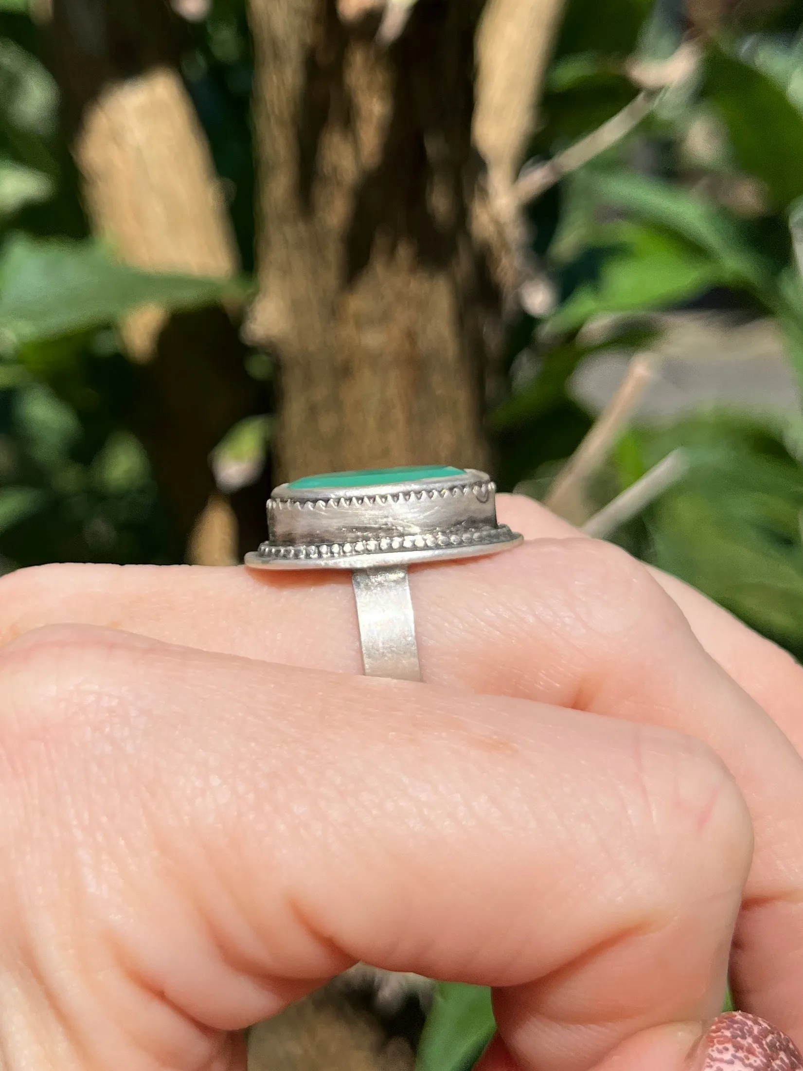 Chrysoprase Oval Ring with Beaded Border