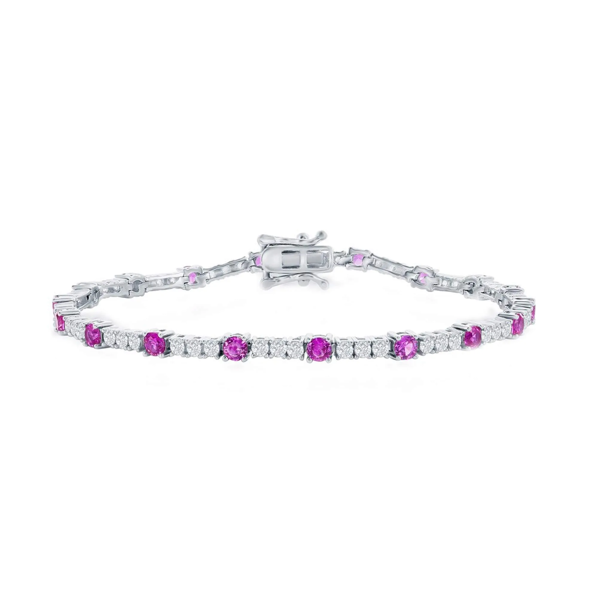 Classic Women's Bracelet - Silver 3mm Pink Topaz CZ and White CZ Tennis | T-8029