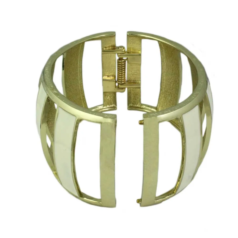 Cream Enamel Trimmed with Gold Caged Hinged Bangle - BG502