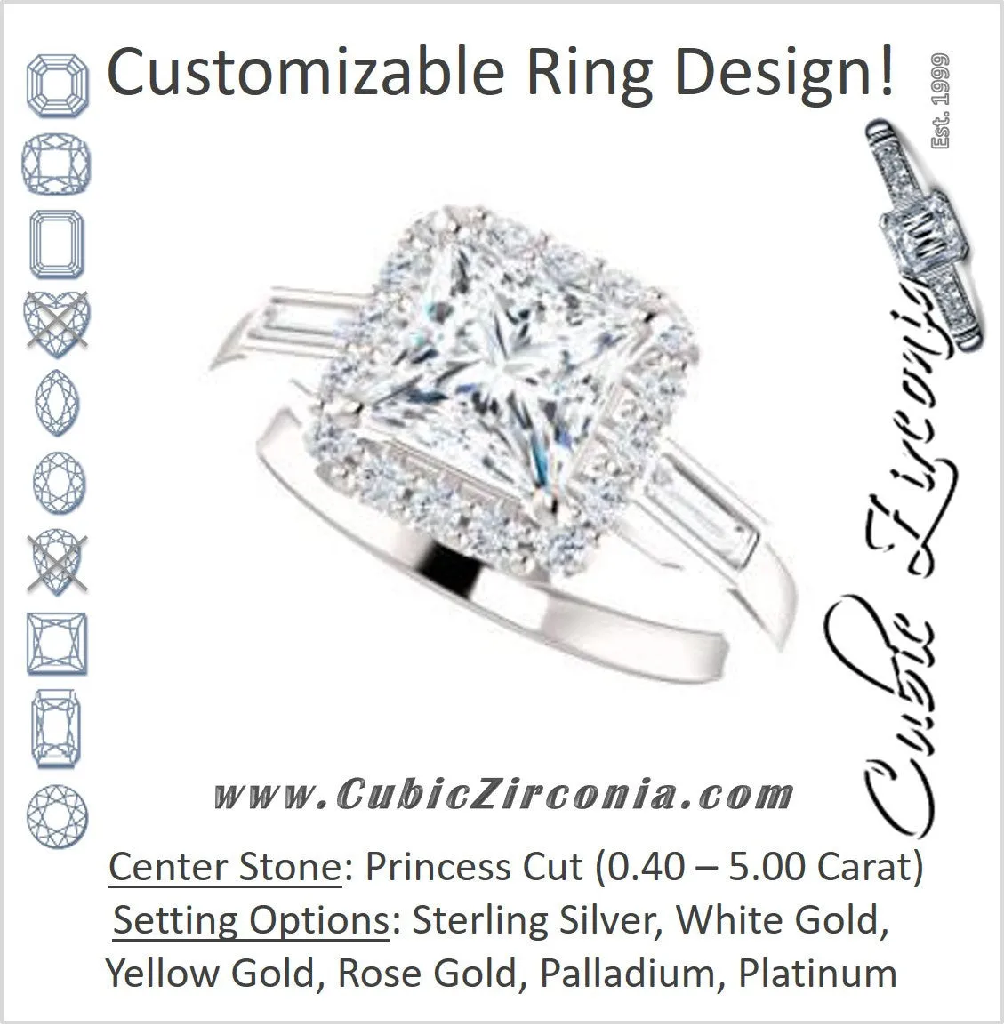 Cubic Zirconia Engagement Ring- The Azariah (Customizable Cathedral Princess Cut Design with Halo and Straight Baguettes)