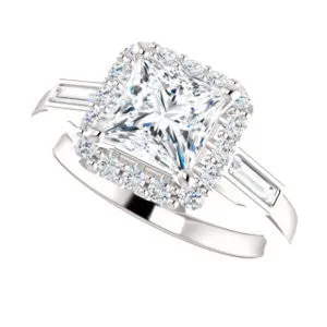 Cubic Zirconia Engagement Ring- The Azariah (Customizable Cathedral Princess Cut Design with Halo and Straight Baguettes)