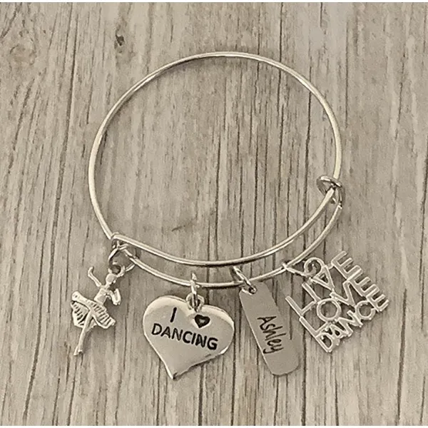 Custom Dance Charm Bangle Bracelet with Engraved Charm