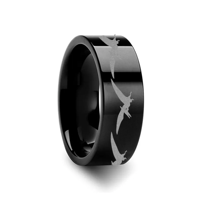 Dinosaur Teradactyl Print Engraved Flat Tungsten Wedding Ring for Men and Women - 4MM - 12MM