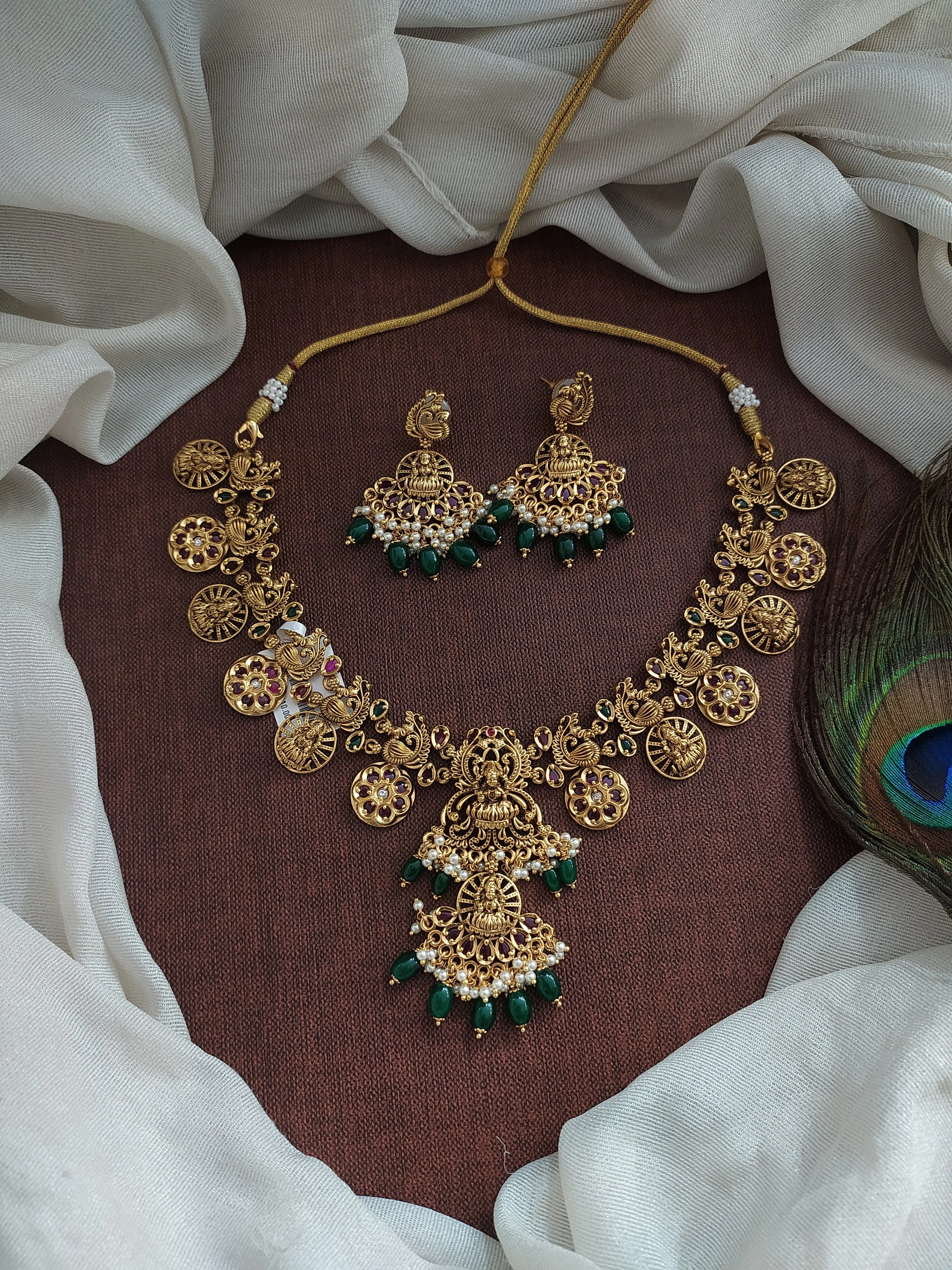 Divine Radiance Antique Lakshmi Peacock Necklace Set with Green Bead Drops