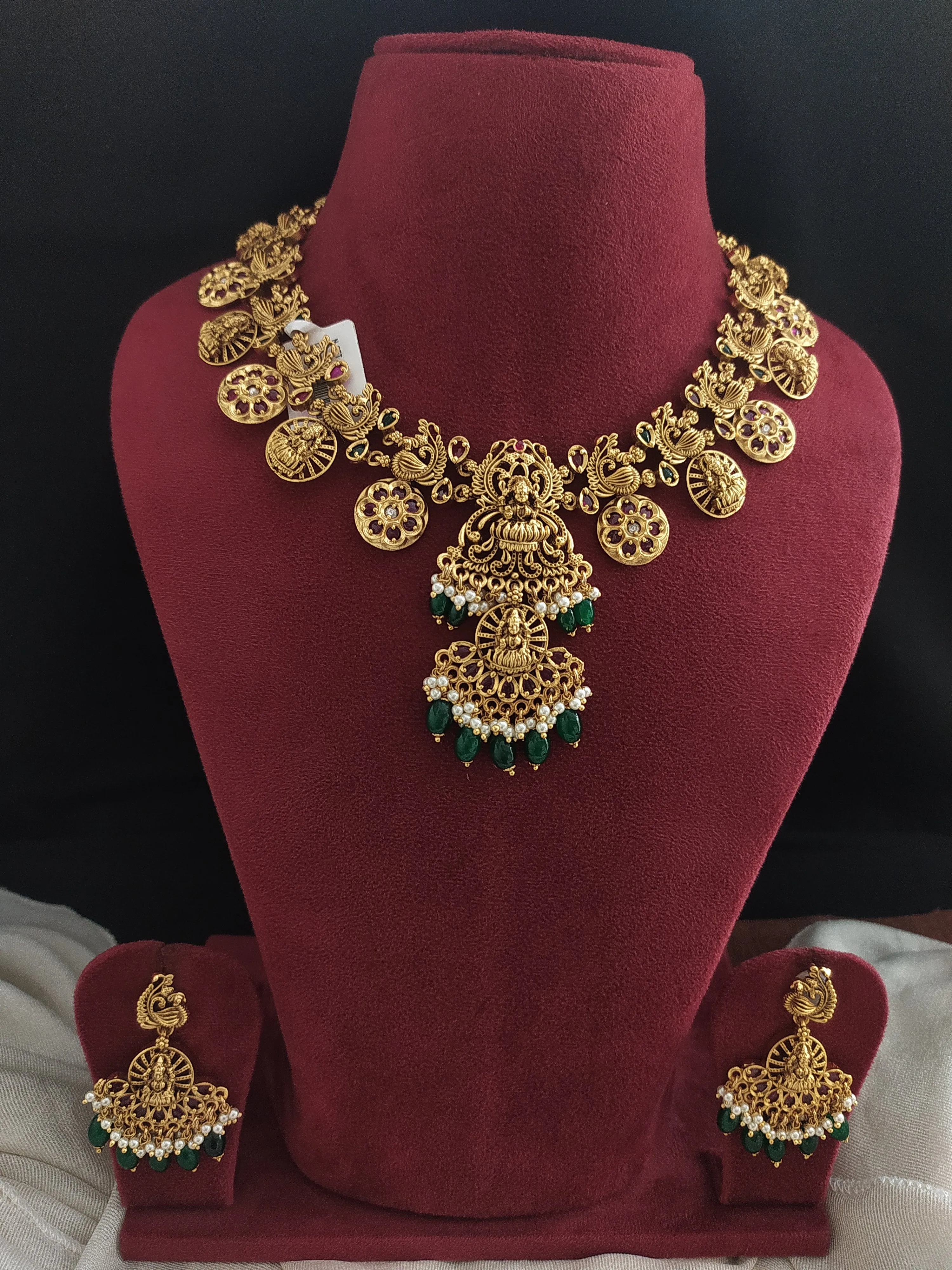 Divine Radiance Antique Lakshmi Peacock Necklace Set with Green Bead Drops